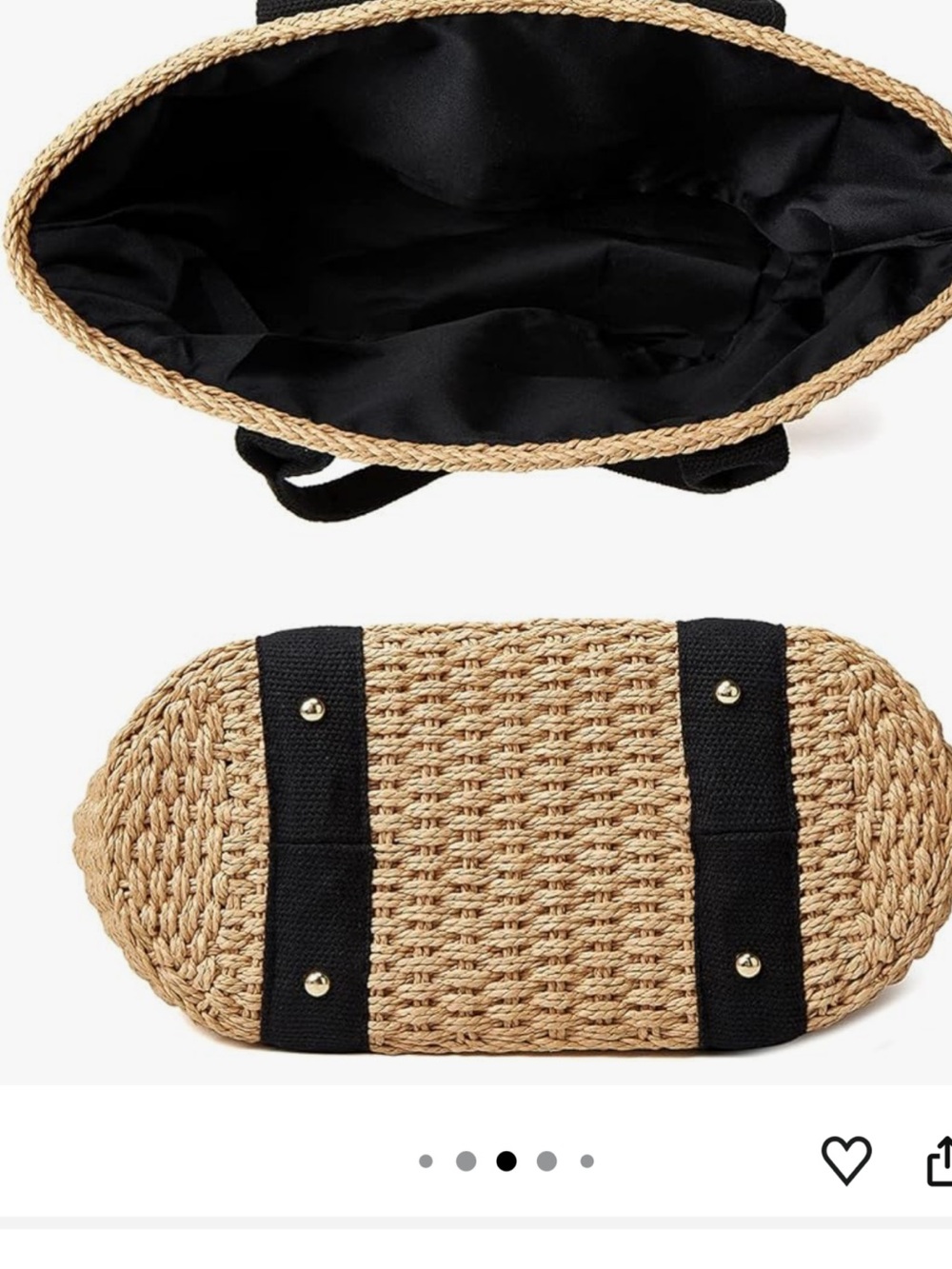 Straw Woven Tote Bag with Black Straps NEW - Picture 3 of 3